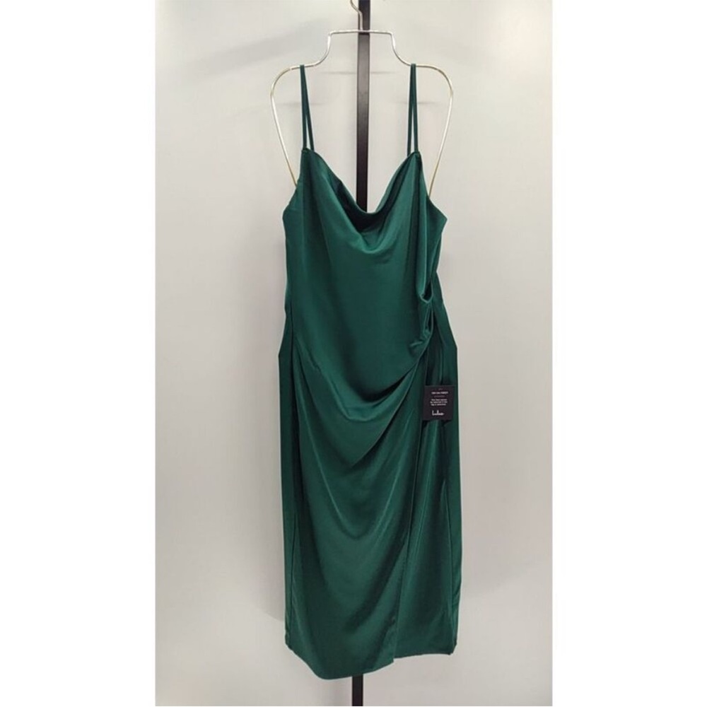 Lulu's Hollywood Woman Forest Green Satin Midi Dress - Picture 4 of 5
